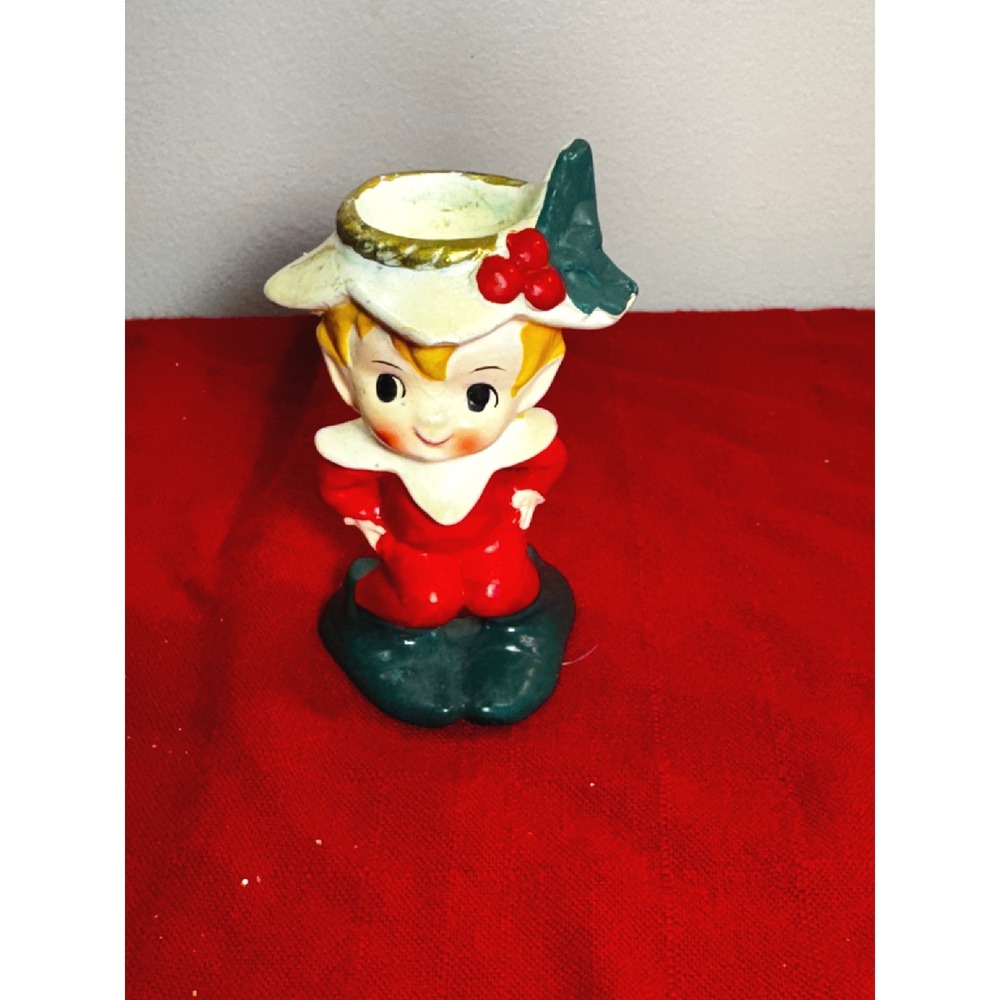 Vintage Lefton Christmas Pixie Elf Candle Holder Figurine Red Green 7049